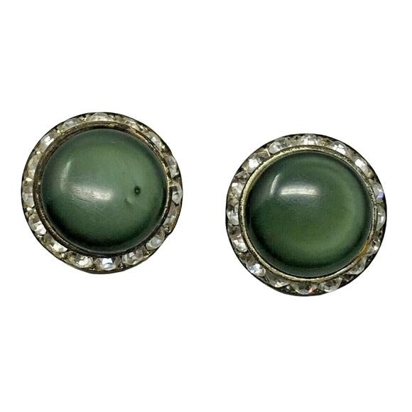 Round Green Gem Clip-on Earrings Rhinestone Trim Vintage - Picture 1 of 5
